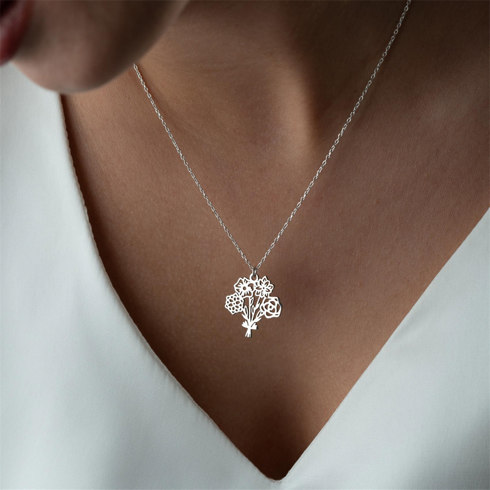 Birth Flower Necklace - Personalized Birth Flower Bouquet Necklace Botanical