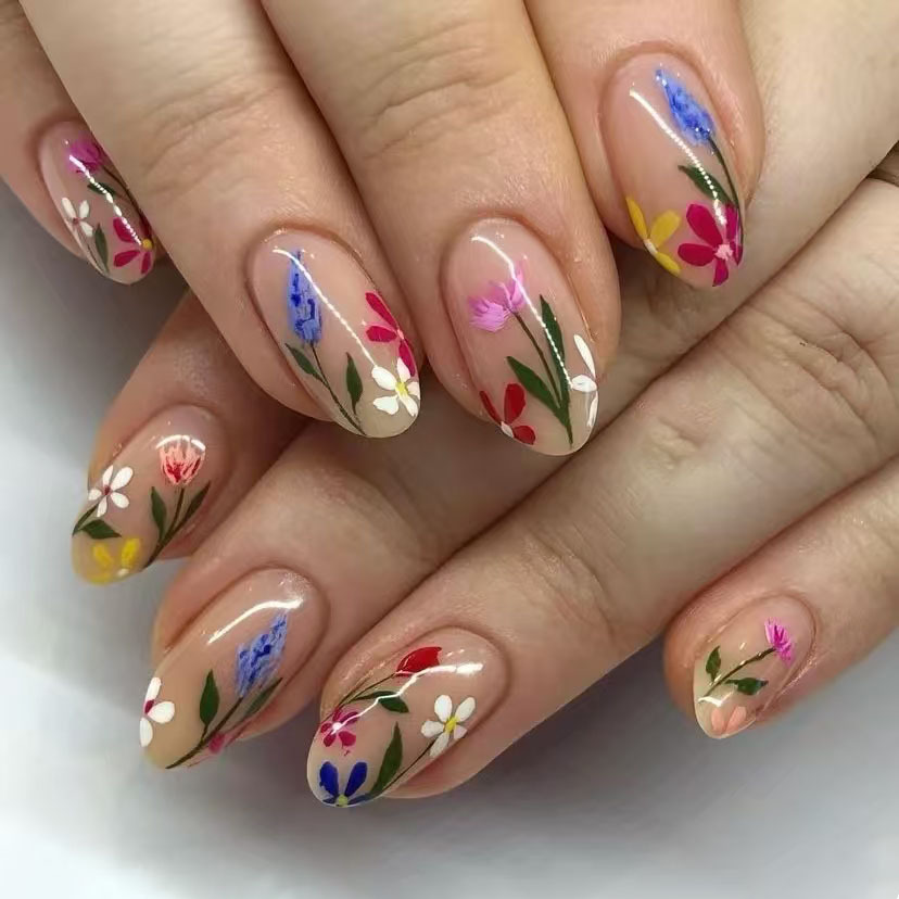 24Pcs Simple Almond Nails Tips - Pressed Flower Art reseña y precio