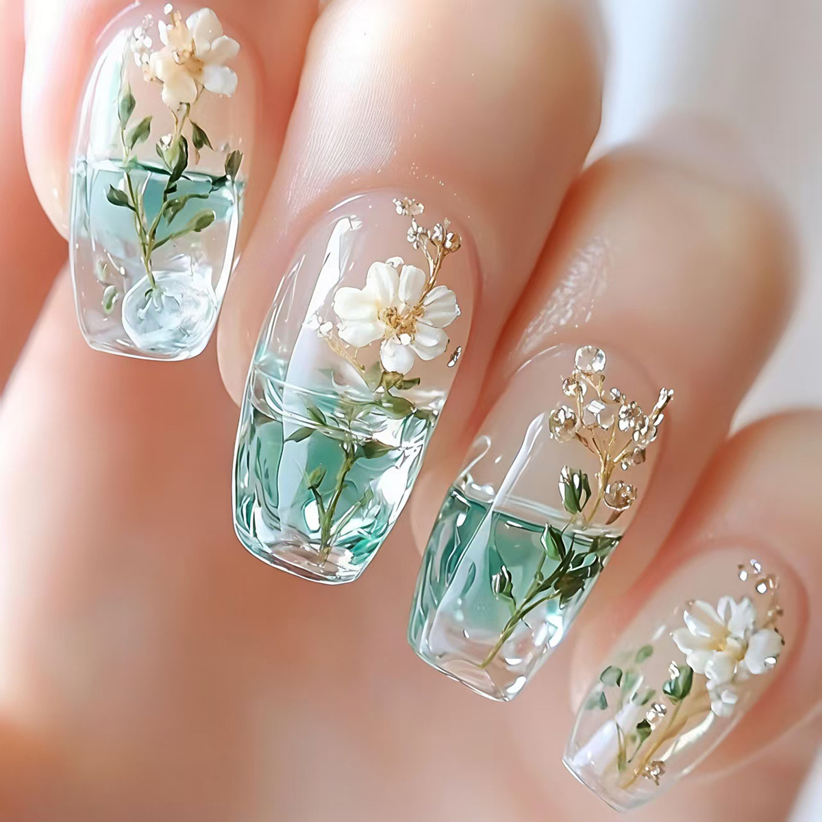 Medium fake nails for women gi - Pressed Flower Art reseña y precio