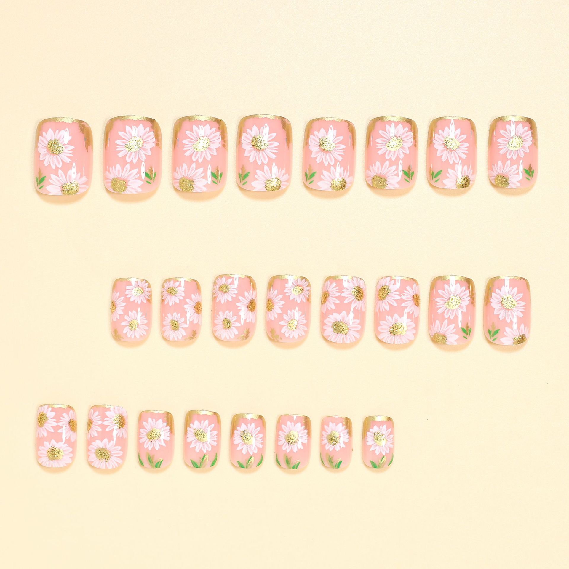Short Square fake nails golden - Pressed Flower Art reseña y precio