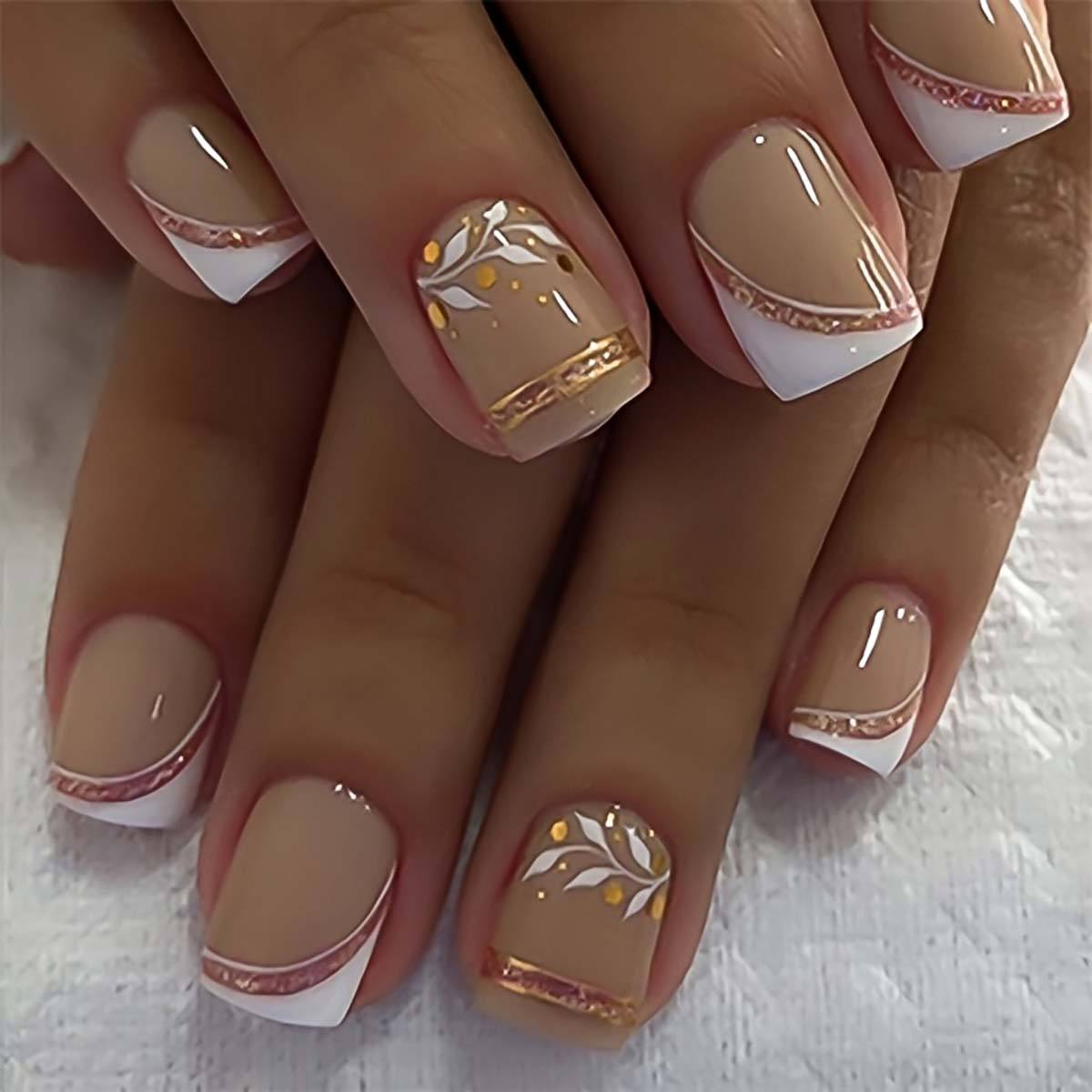 Short Square fake nails golden - Pressed Flower Art reseña y precio