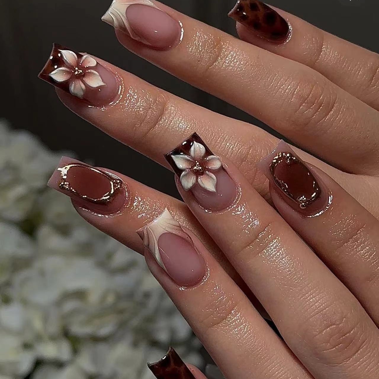 Short square fake nails for wo - Pressed Flower Art reseña y precio